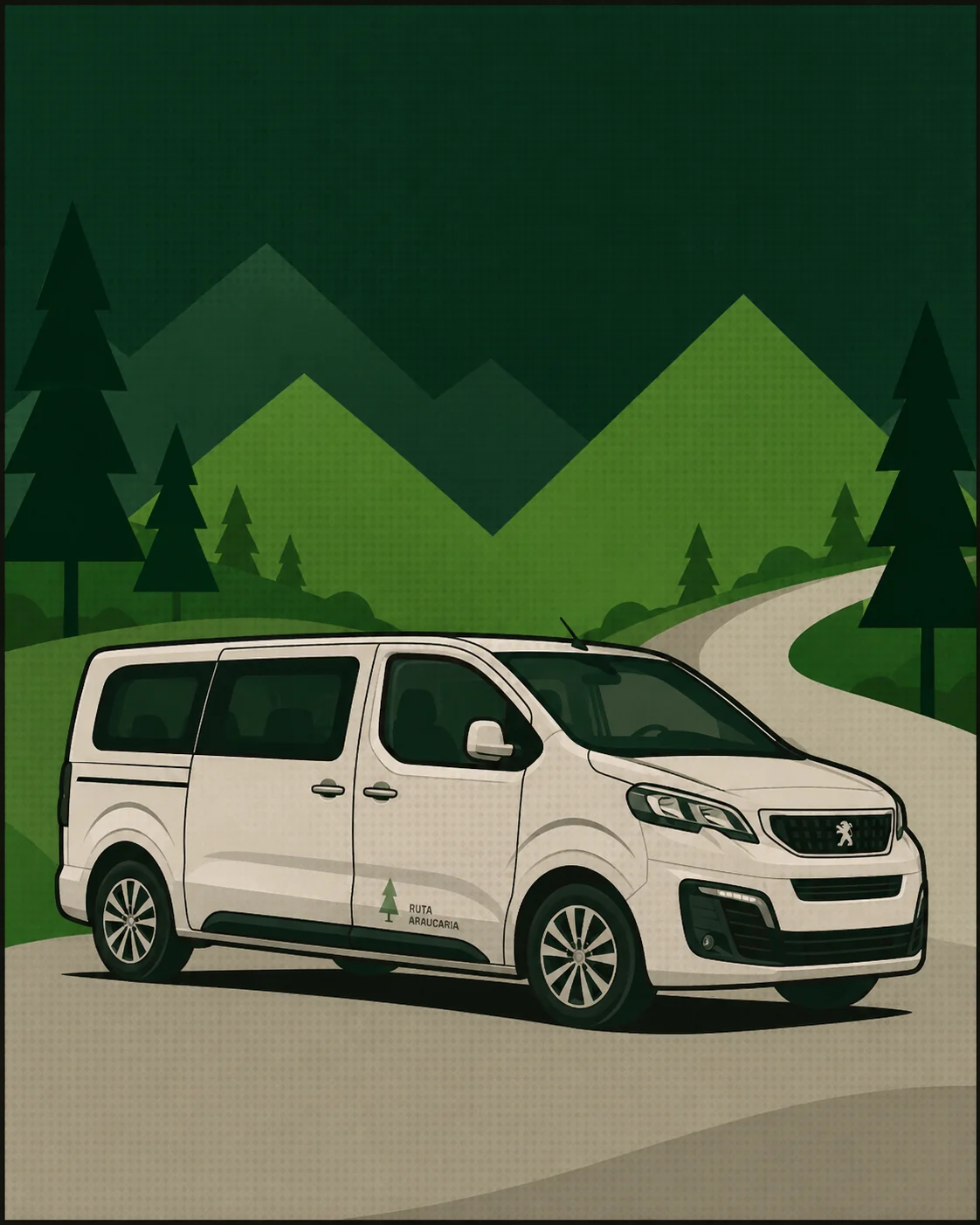 Van de pasajeros Ruta Araucaria en un camino de montaña